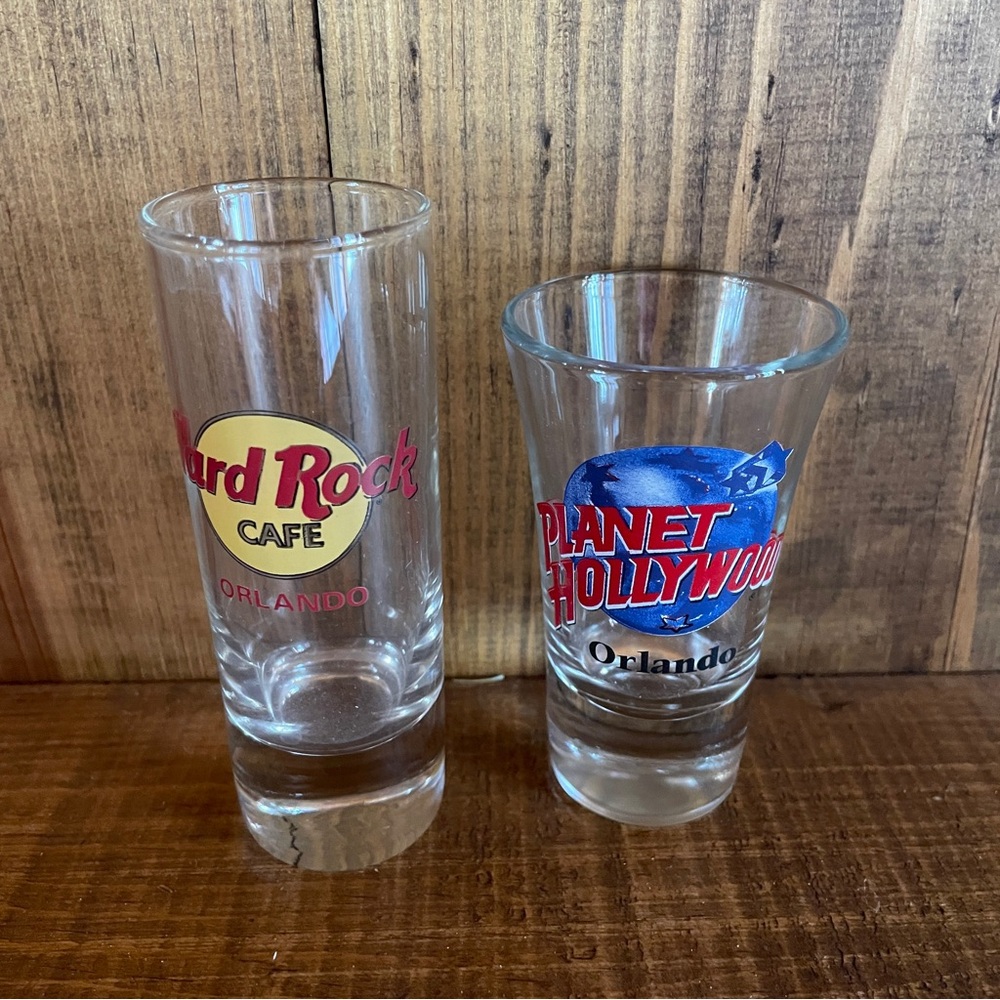 Tall Shot Shooter Glass Glasses Bundle of 2 Orlando Hard Rock & Planet Hollywood